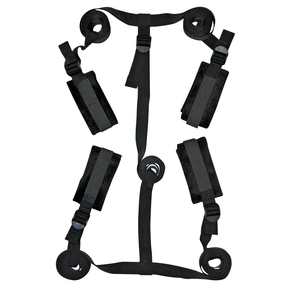 Black under-bed bondage restraint kit with four adjustable straps and soft cuffs for discreet, portable BDSM play, focus on cuffs | Flirty bay online adult store, adult toys and lingerie